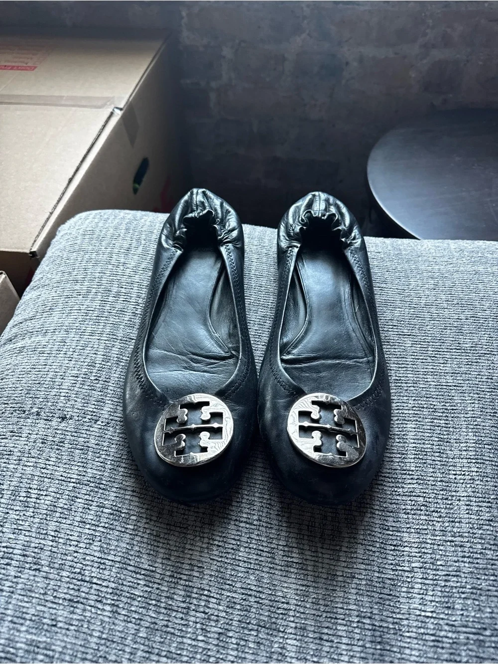 Tory Burch Black Leather Logo Ballet Flats with Gold Emblem
